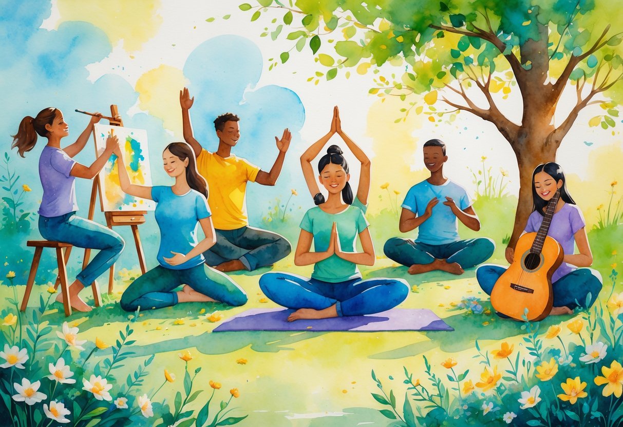 A group of people enjoying different hobbies outdoors, including painting, yoga, playing guitar, gardening, and reading.