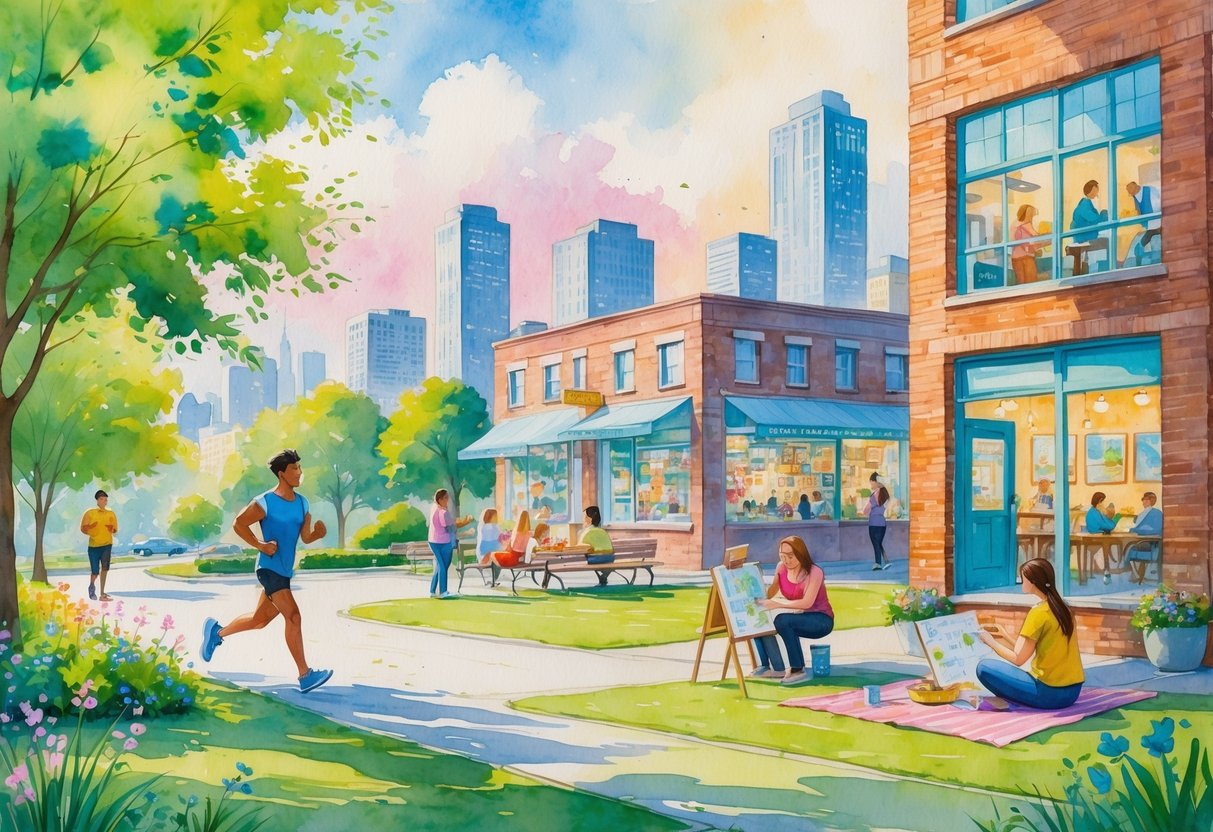 People enjoying various hobbies in a city park and urban setting, including jogging, painting, having a picnic, exploring a map, taking photos, browsing a bookstore, and practicing yoga.