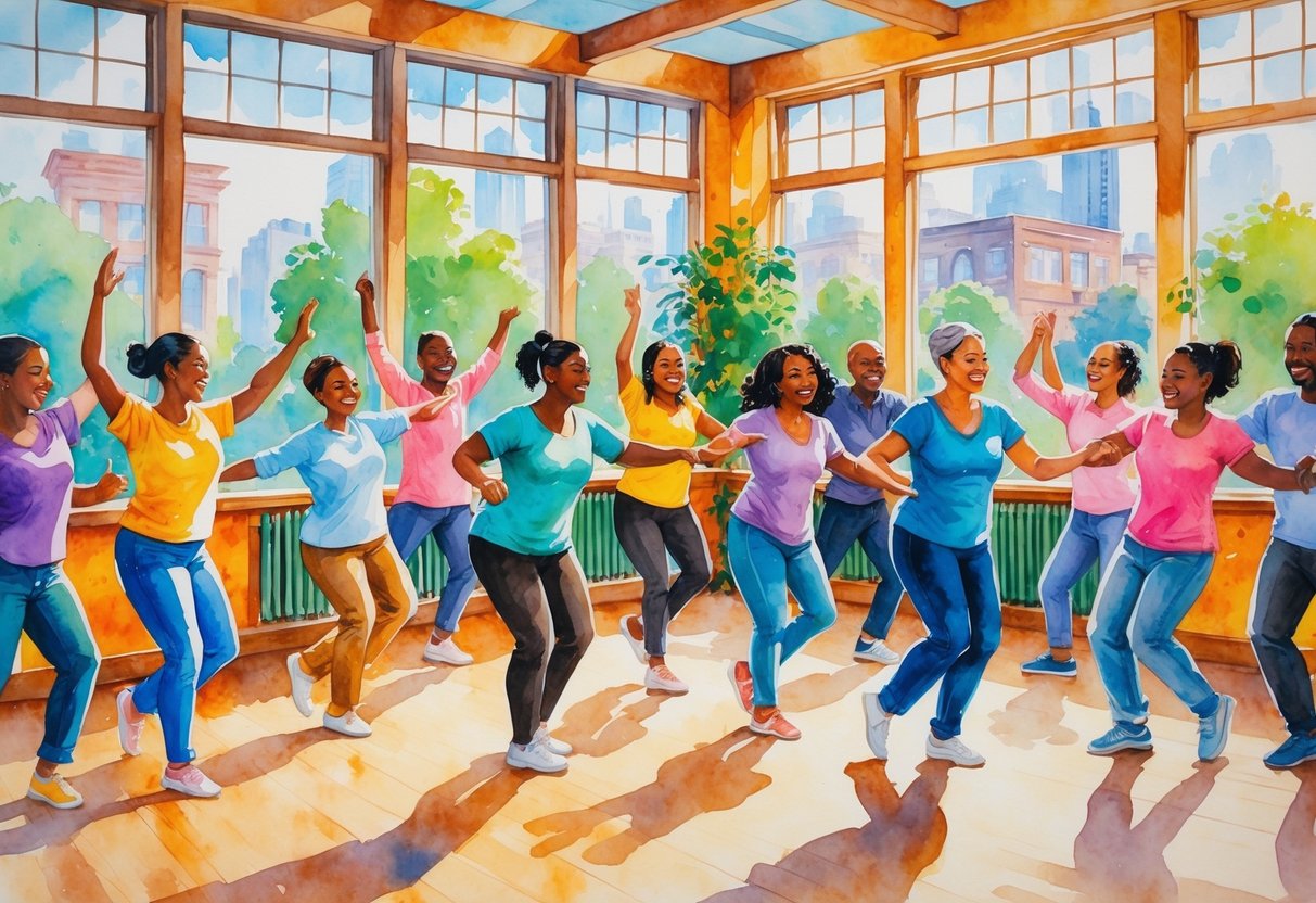 A group of people dancing together in a bright studio with large windows and wooden floors.