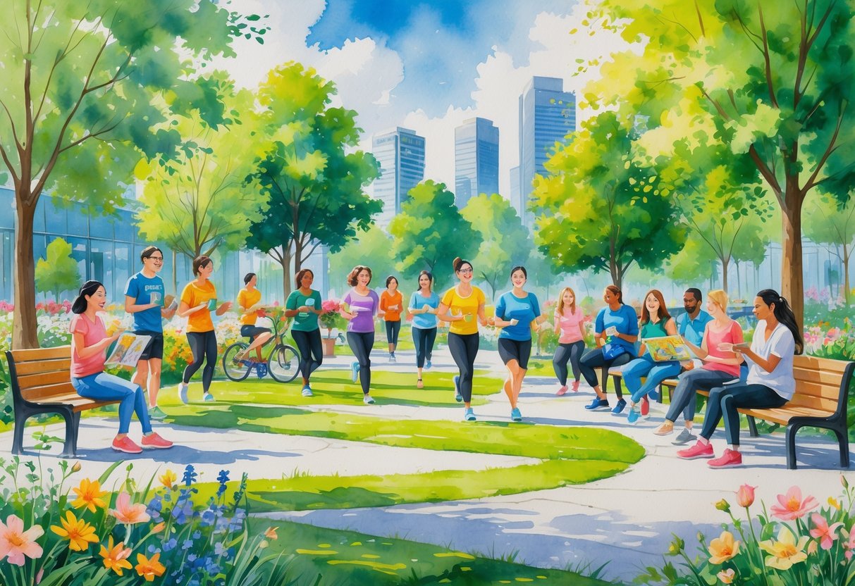 People enjoying various hobbies together in a city park with trees and buildings in the background.