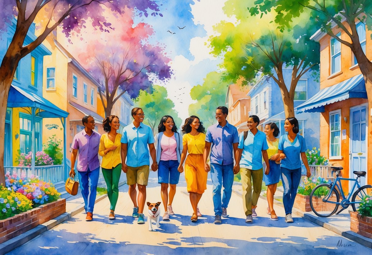 A group of diverse people walking together through a neighborhood with colorful houses and trees, enjoying a friendly outing.