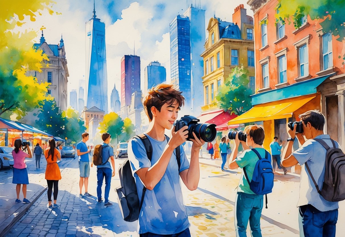 People taking photos in a lively city with tall buildings, streets, trees, and markets.