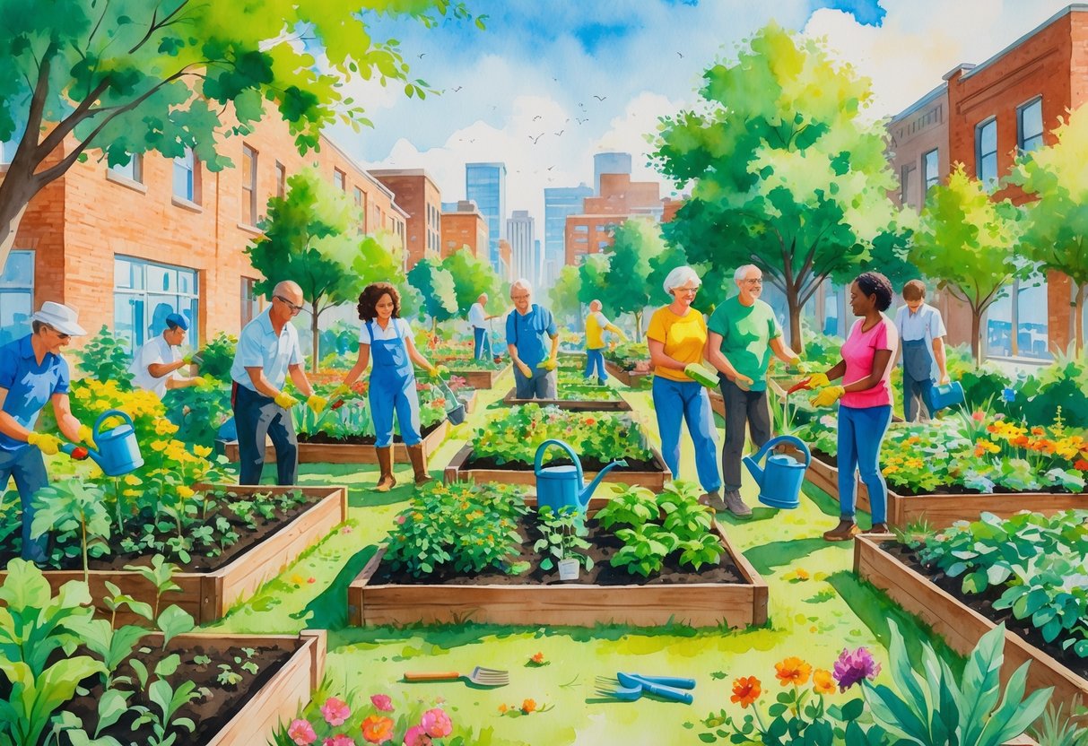 People working together in a community garden surrounded by plants and city buildings.