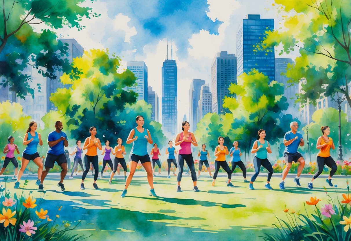 A group of people exercising together outdoors in a city park surrounded by trees and buildings.