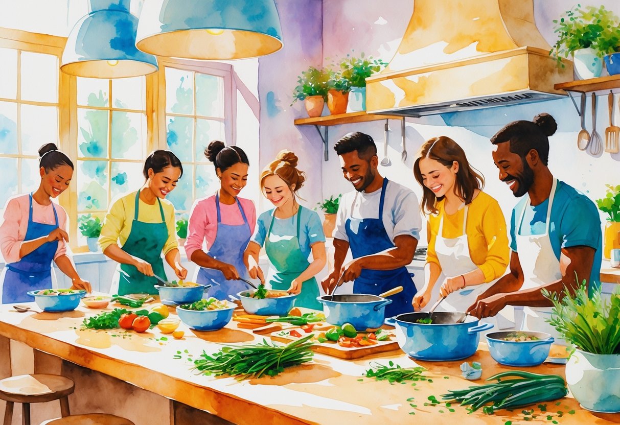 People cooking together around a kitchen table filled with fresh vegetables and cooking utensils in a bright, welcoming kitchen.