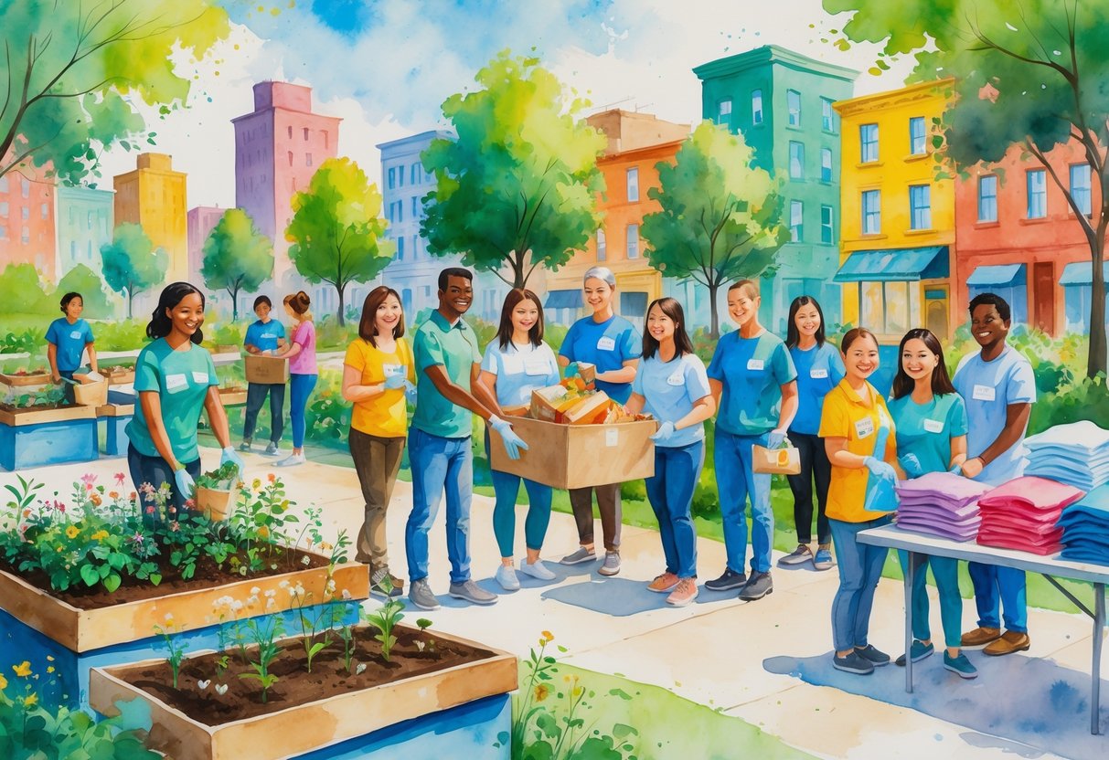A group of volunteers helping in a community garden, food bank, and clothing donation area in a city park with buildings in the background.