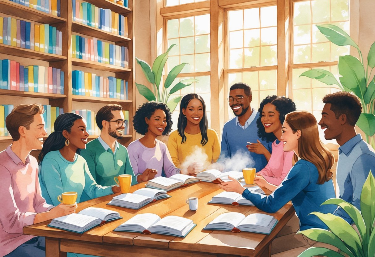 People sitting around a table in a library, talking and reading books together.