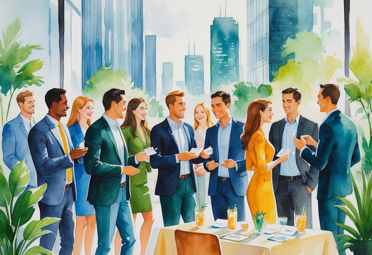 A group of people talking and exchanging business cards at a networking event in a city setting with buildings and plants around.
