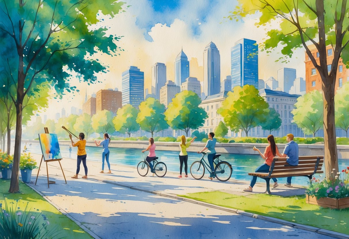 People enjoying various hobbies like painting, cycling, yoga, playing guitar, and gardening in a lively city park with buildings and trees around.