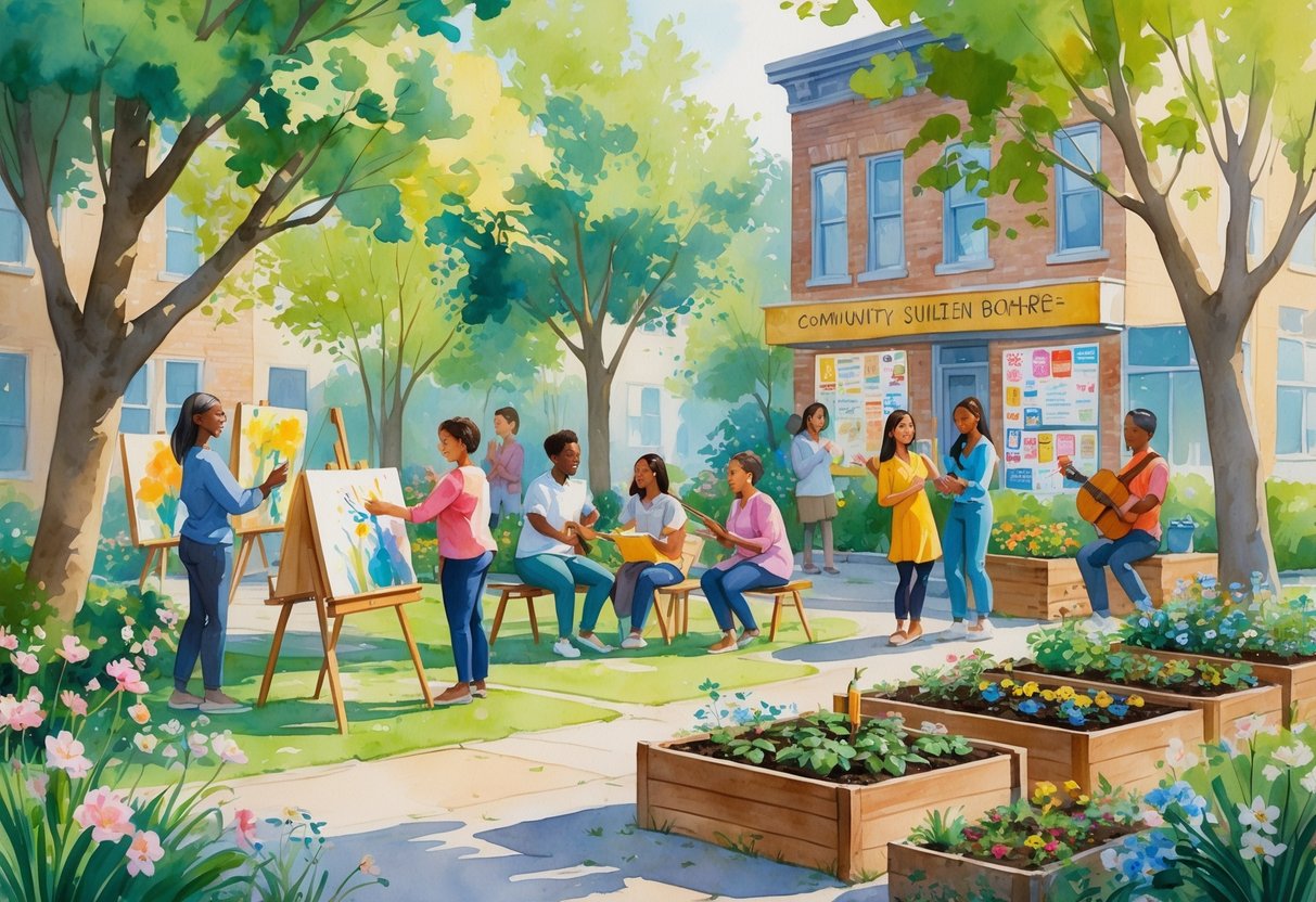 People of different ages and backgrounds enjoying hobbies together in a city park, painting, playing music, and gardening, surrounded by trees and flowers.