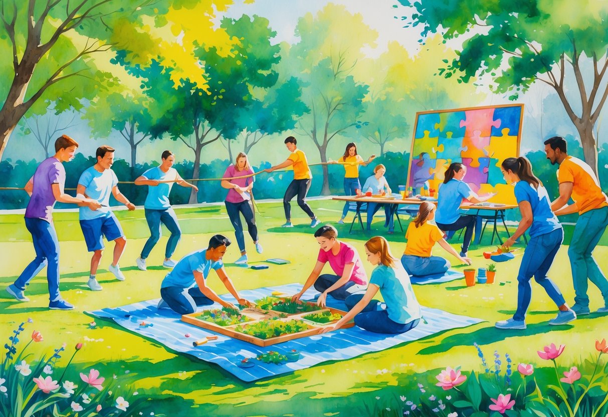 A group of people outdoors engaging in various team-building activities like tug-of-war, puzzle assembling, gardening, mural painting, and trust exercises in a sunny park.