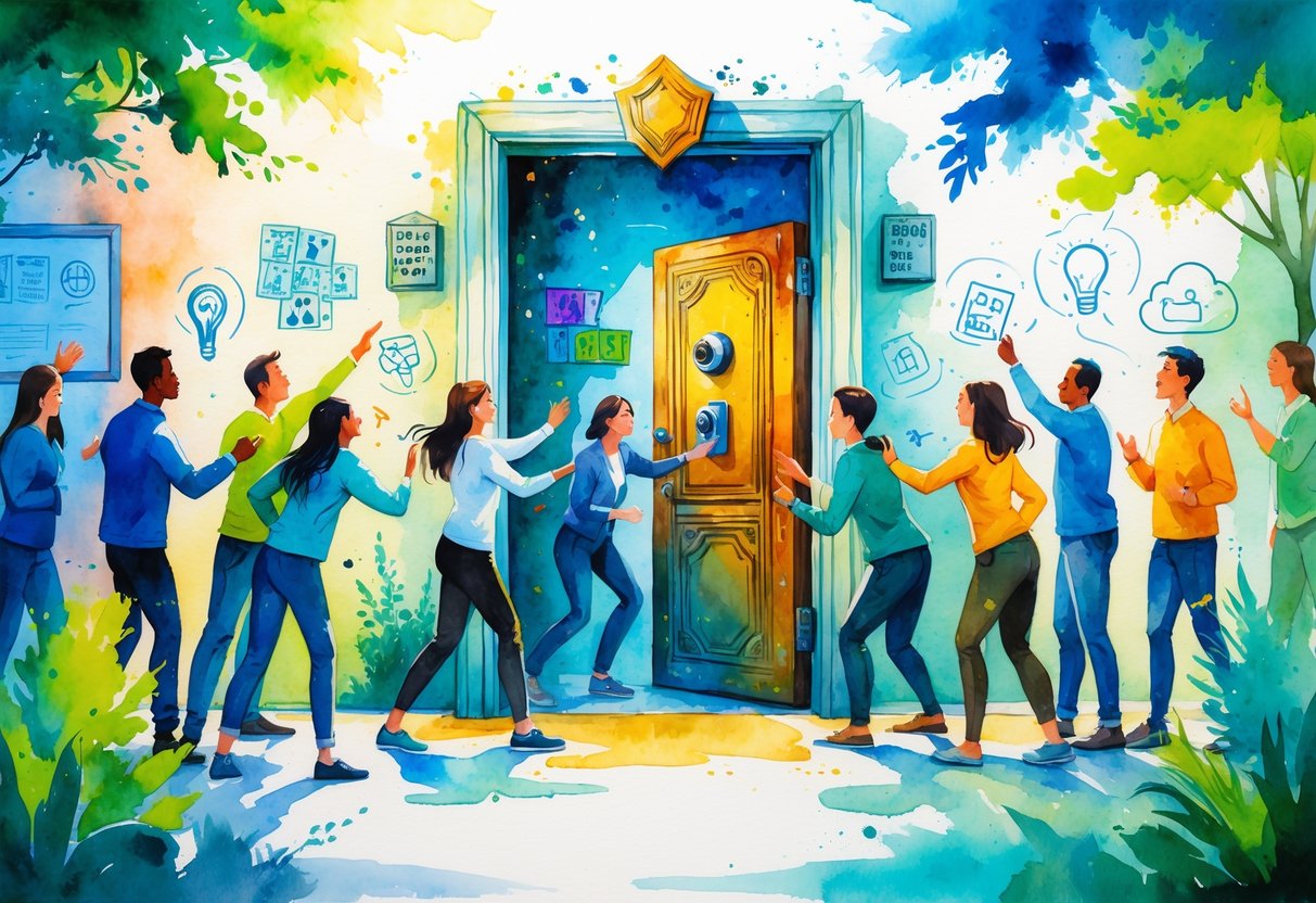 A group of people working together to solve puzzles and unlock a door in an escape room, surrounded by elements representing various team-building hobbies.