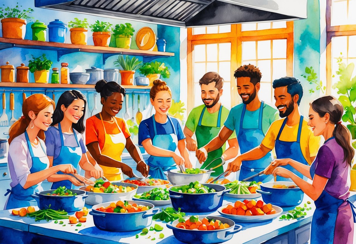 A group of people cooking together around a kitchen island, preparing food and interacting in a warm kitchen setting.