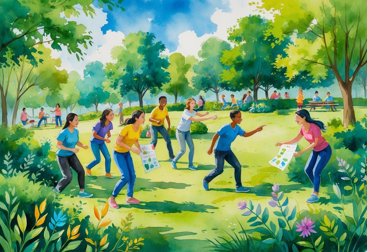 A group of people working together outdoors in a park, searching for hidden objects among trees and plants.