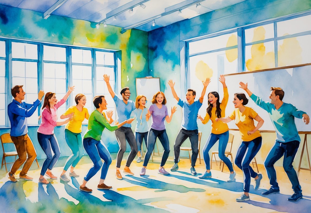 A group of people actively participating in a lively team-building improv workshop, interacting and collaborating in a bright studio space.