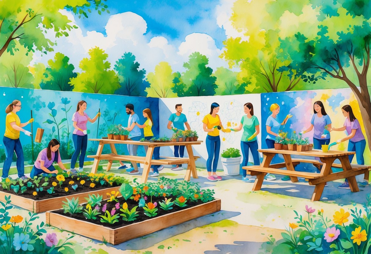 A group of diverse volunteers working together outdoors on gardening, building, painting, and playing games in a park.