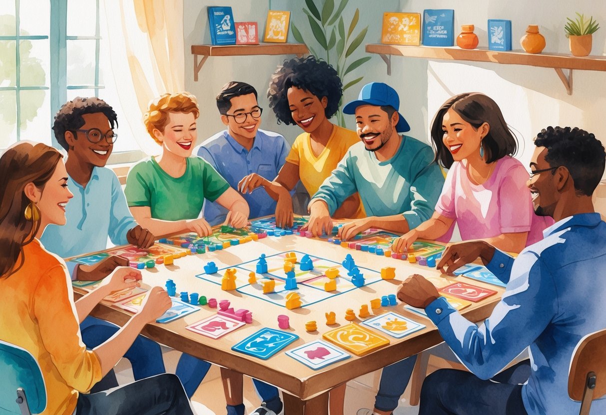 A group of people playing board games together around a table, smiling and enjoying each other's company in a cozy room.