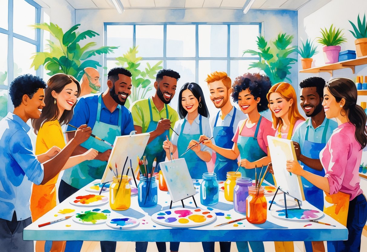A group of people painting together around a table, smiling and interacting in a bright room filled with art supplies and plants.