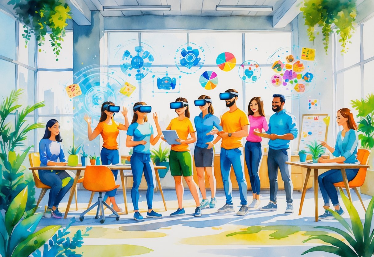 A group of people working together wearing VR headsets and participating in various team activities like puzzle-solving, cycling, and cooking in a bright, open workspace.