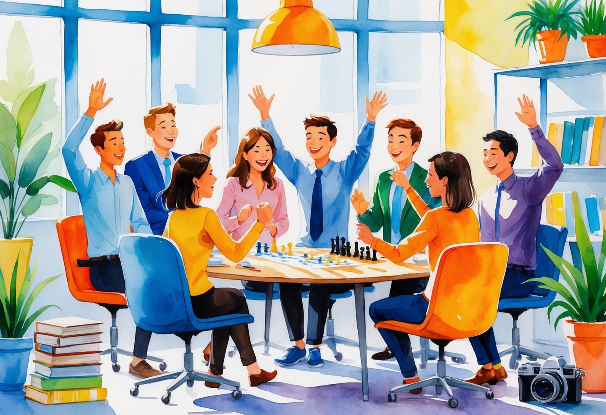 A group of coworkers happily participating in a trivia game around a table in an office filled with hobby-related items like books, a guitar, and a chessboard.