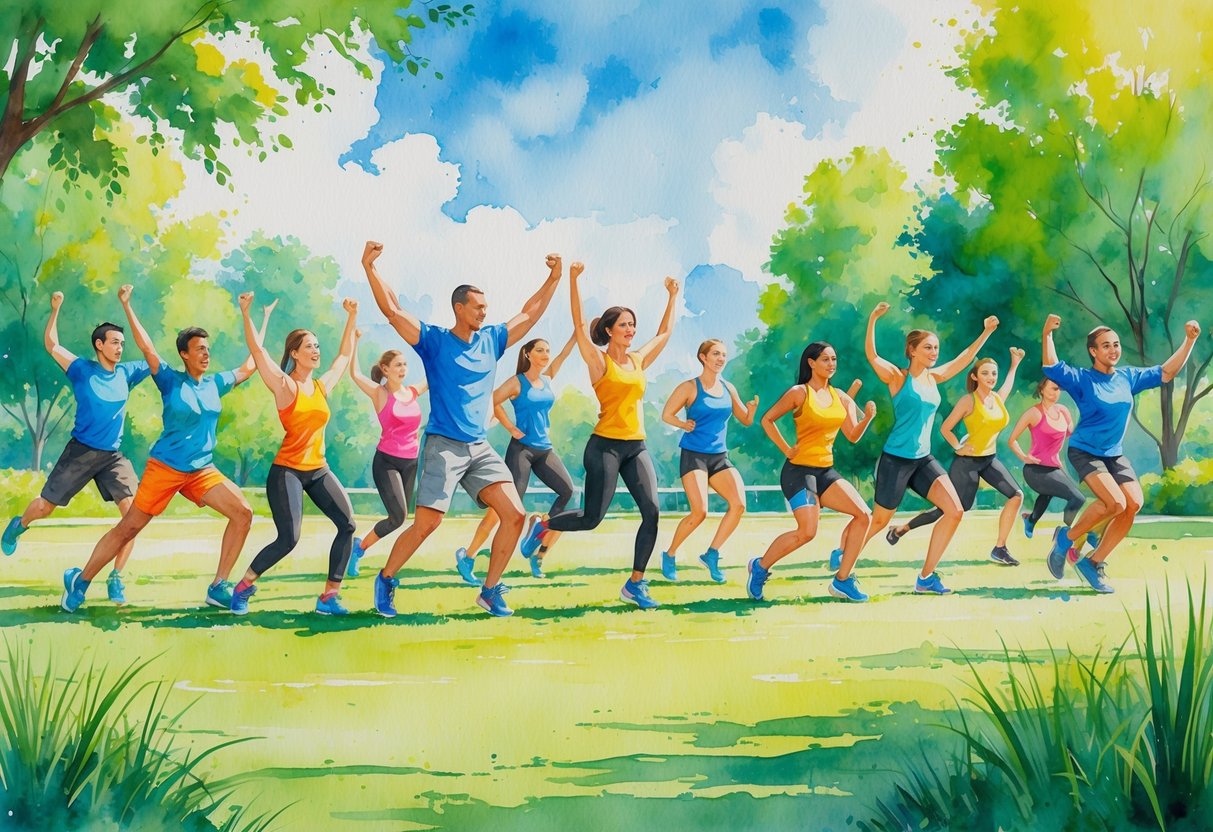 A group of people exercising together outdoors in a park, doing stretches, jumping jacks, and running, showing teamwork and energy.