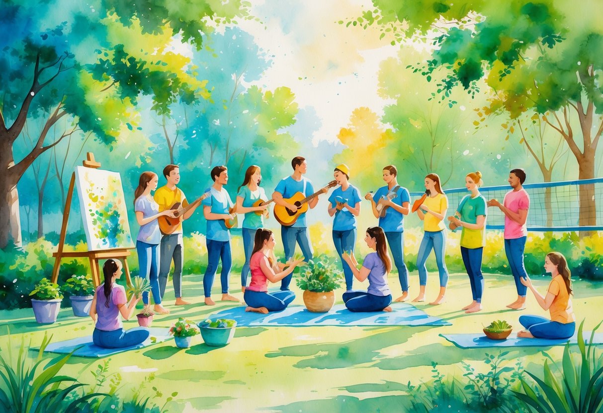 A group of people enjoying various hobbies together outdoors, including gardening, painting, playing music, solving puzzles, cooking, playing volleyball, and doing yoga, showing teamwork and connection.