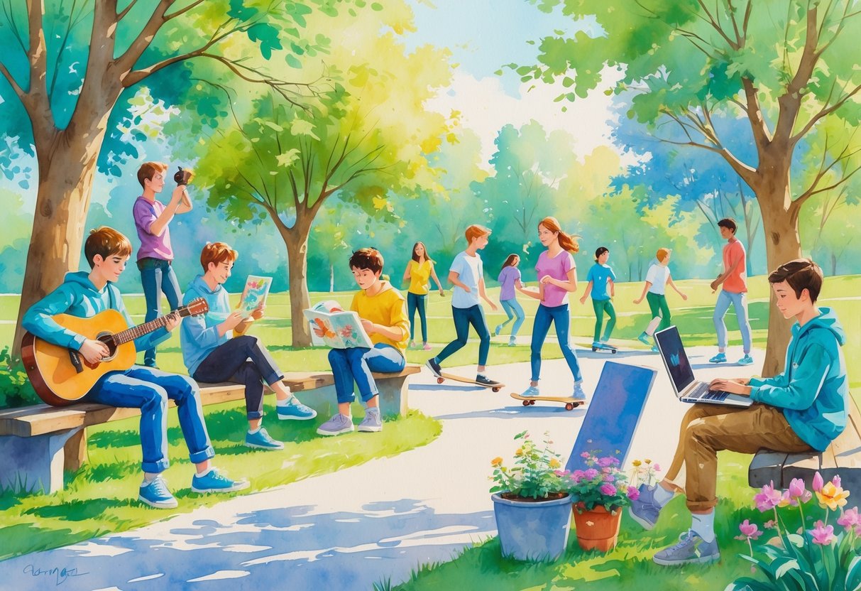 A group of teenagers enjoying various hobbies outdoors, including playing guitar, painting, reading, skateboarding, playing soccer, taking photographs, doing yoga, coding on a laptop, and gardening.