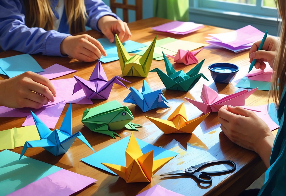 Teenagers folding colorful origami figures on a wooden table with scattered paper and crafting tools.