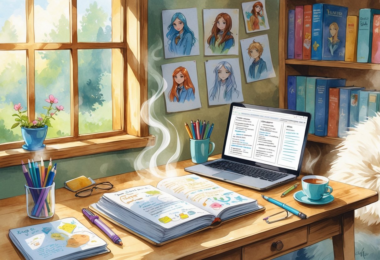 A teenager's desk with an open notebook, pens, a laptop, a cup of tea, and character sketches on the wall, surrounded by books and a cozy chair.