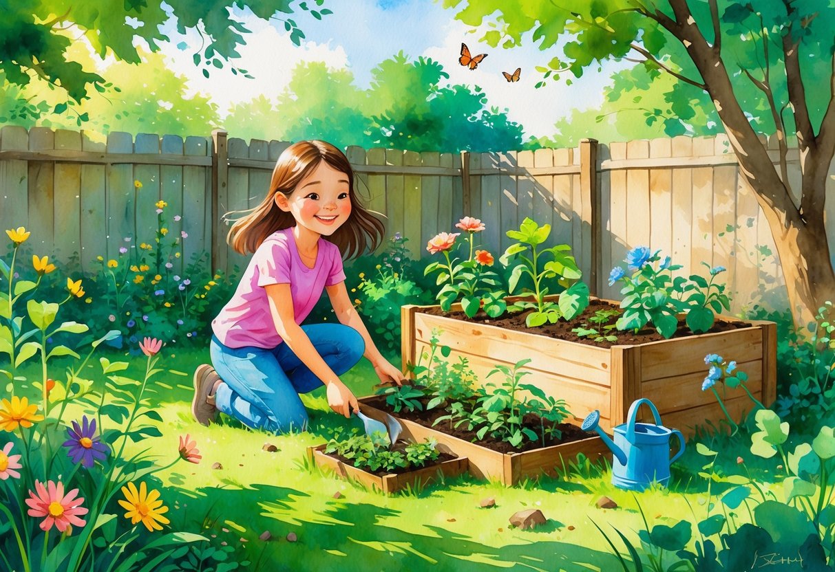 A teenage girl gardening outdoors, planting flowers and vegetables in a backyard surrounded by plants and trees.