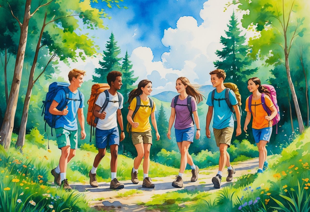 A group of teenagers hiking together on a forest trail surrounded by trees and wildflowers under a blue sky.