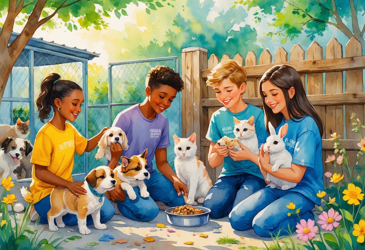 Teenagers happily caring for puppies, kittens, and a rabbit at an outdoor animal shelter surrounded by greenery.