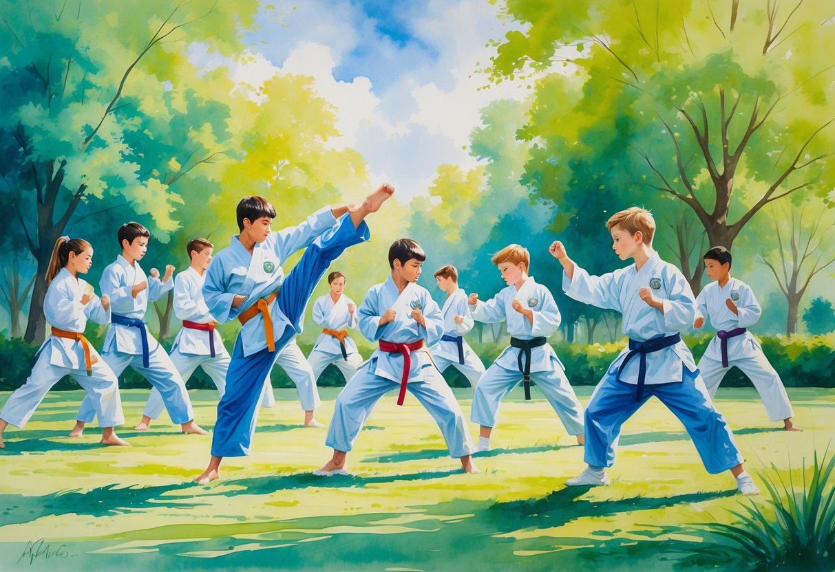 A group of teenagers practicing martial arts outdoors in a park under the guidance of an instructor.