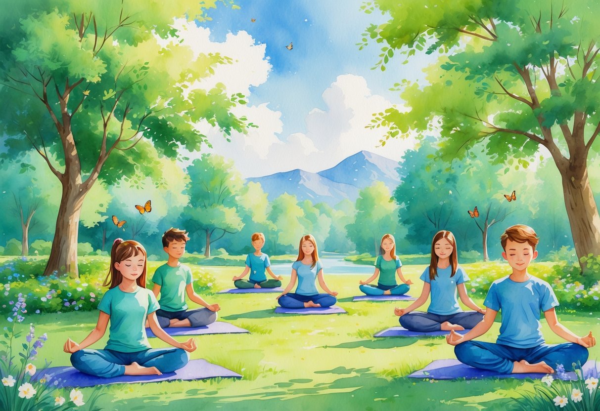 Teenagers practicing yoga and meditation outdoors in a peaceful park surrounded by trees, flowers, and a stream.