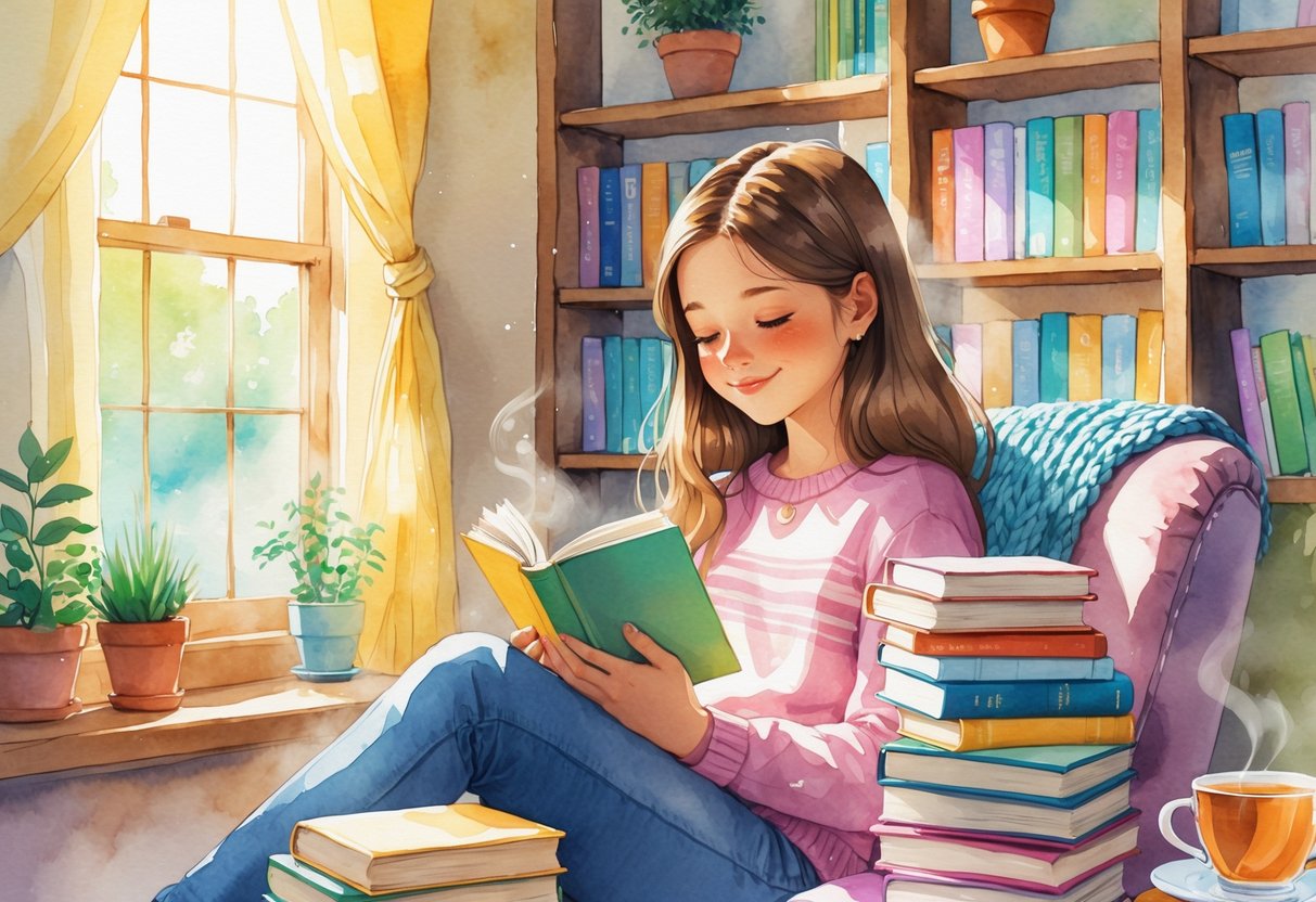 A teenage girl sitting in a cozy room reading a book surrounded by stacks of novels and plants.