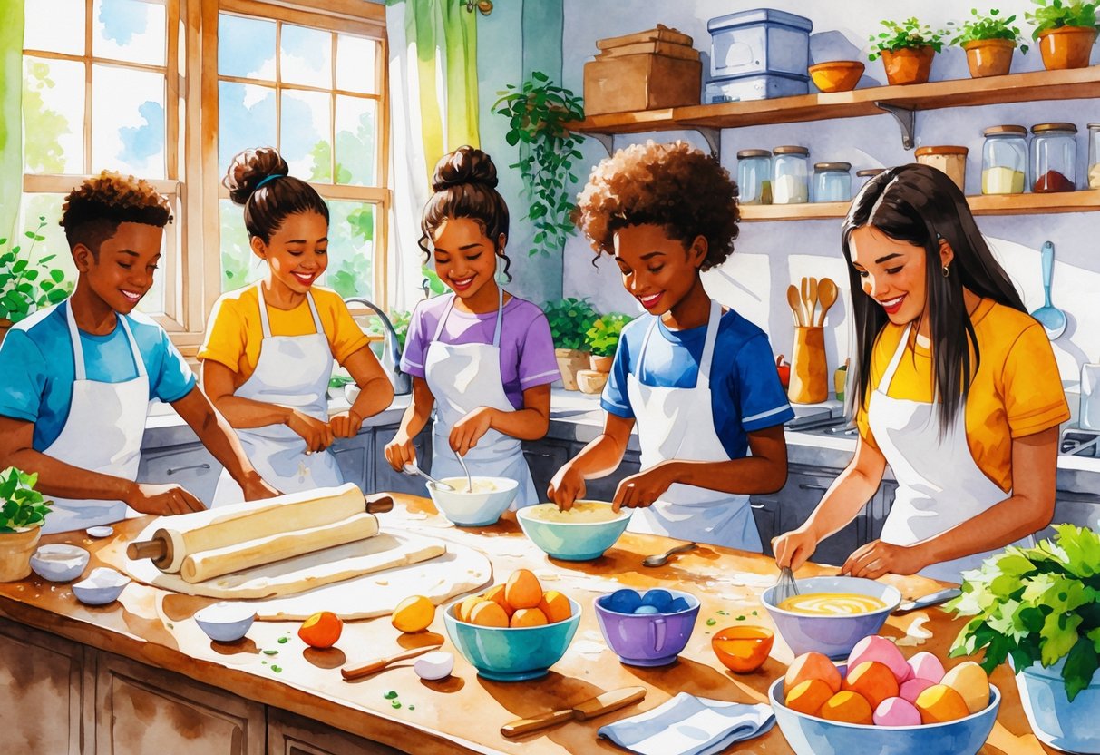 Teenagers happily baking and cooking together in a kitchen filled with ingredients and utensils.