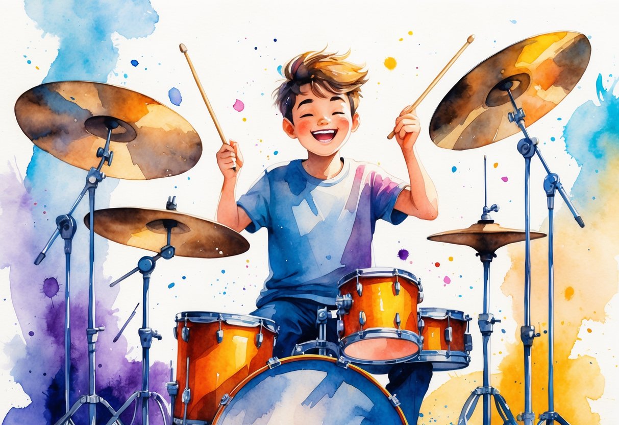 A teenager playing a drum set with focus and energy, surrounded by colorful splashes.