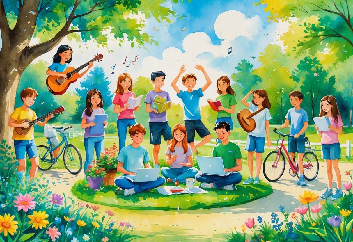 A group of teenagers enjoying various hobbies outdoors, including playing instruments, painting, reading, gardening, exercising, coding, cooking, cycling, playing soccer, and exploring nature.