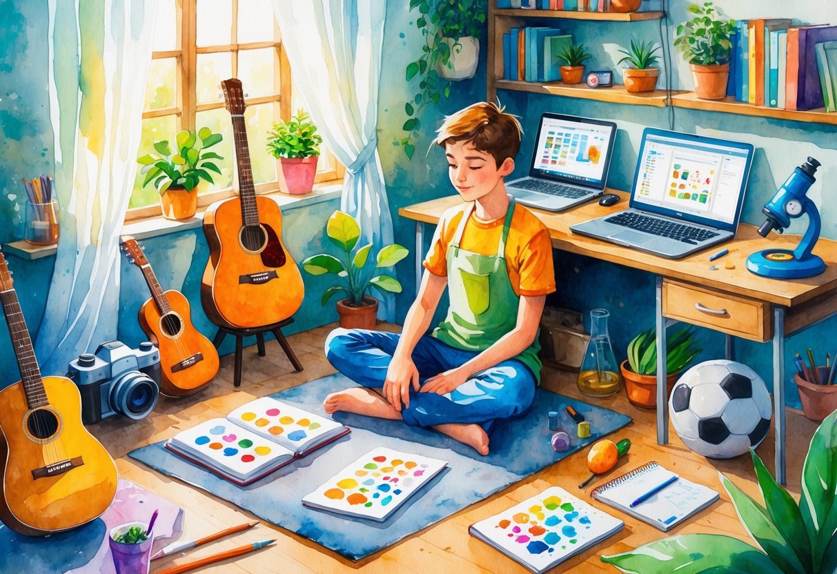 A teenager sitting in a room surrounded by items representing hobbies like drawing, playing guitar, reading, photography, coding, sports, science experiments, cooking, writing, and painting.