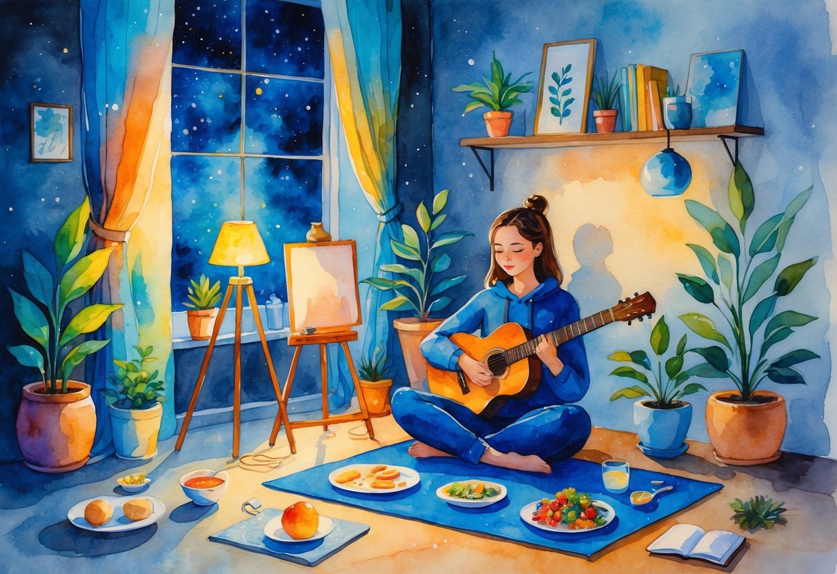 A person in a cozy room at night surrounded by items representing hobbies like reading, painting, knitting, playing guitar, and yoga, with a starry sky visible through the window.