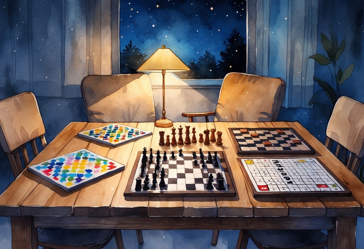 A nighttime scene showing a table with various board games including chess, Go, Scrabble, and a jigsaw puzzle, softly lit by a lamp with a starry night visible through a window.