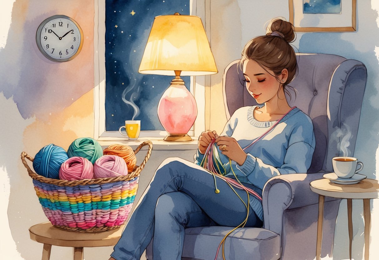 A person knitting or crocheting in a cozy room at night with a lamp, yarn basket, and a cup of tea nearby.