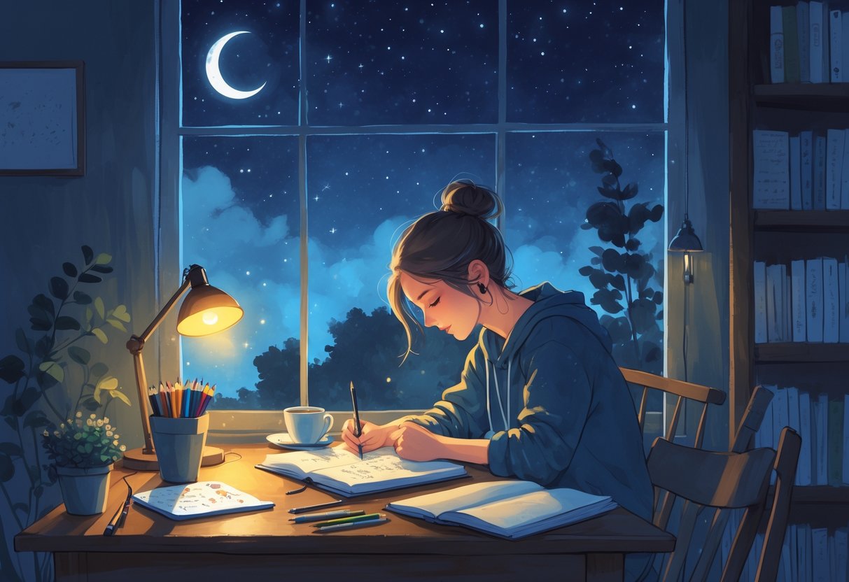 A person writing in a journal at a desk by a window showing a starry night sky, surrounded by books, plants, and art supplies.