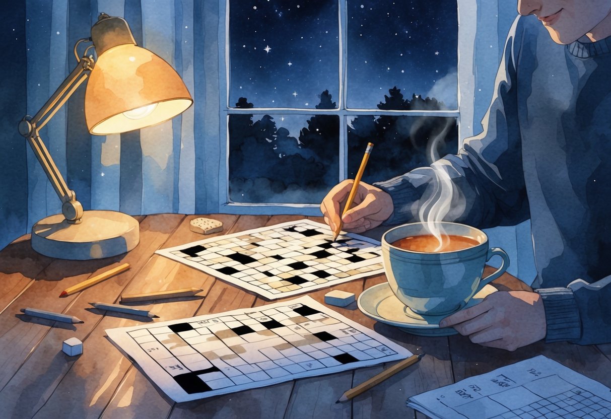 A person working on Sudoku and crossword puzzles at a wooden table with a warm lamp and a cup of tea at night.
