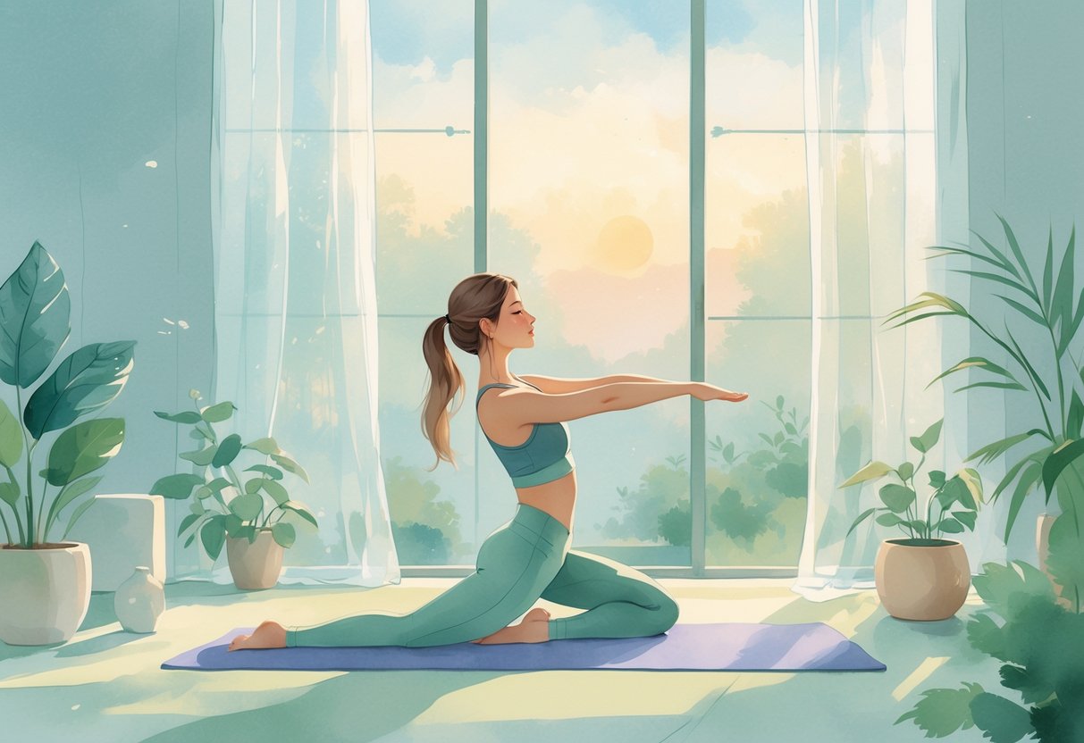 A person doing yoga and stretching exercises indoors near a window with early morning light and plants around.