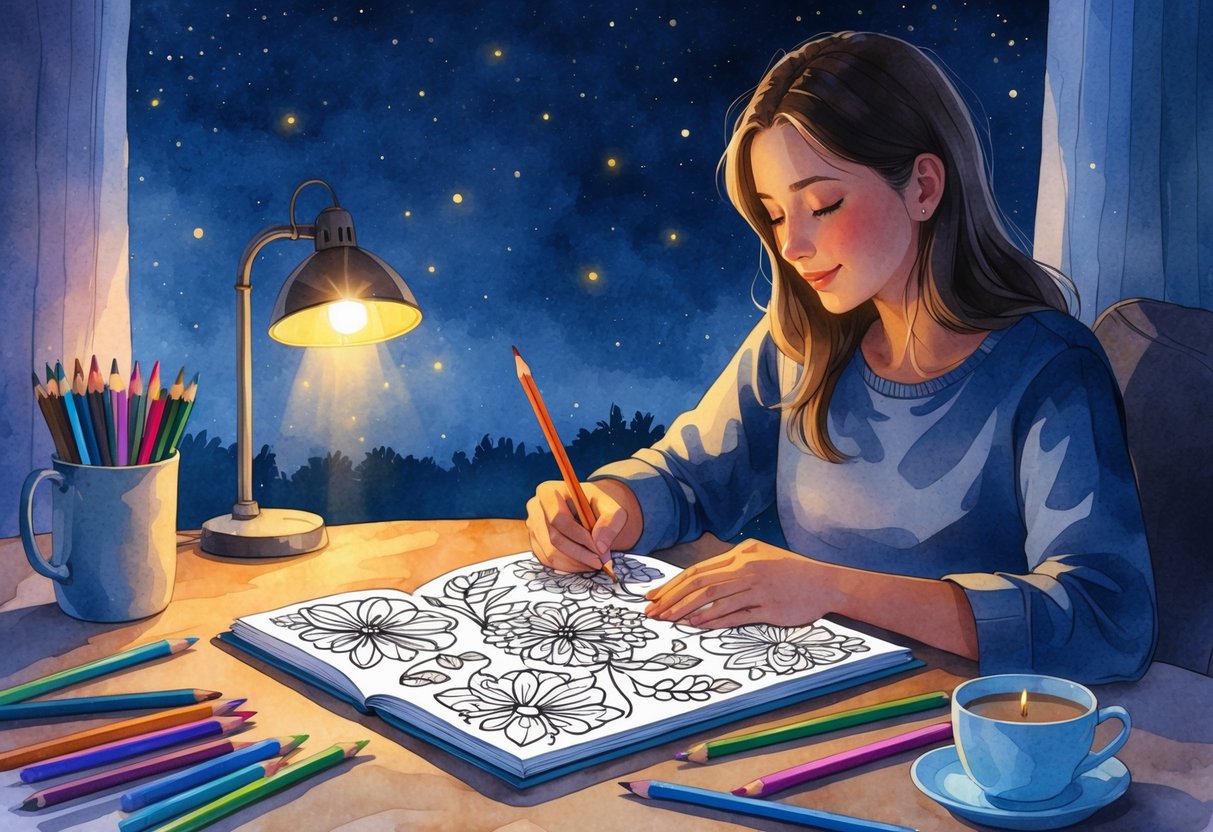 A person coloring in an adult coloring book at a desk by a window showing a starry night sky, with colored pencils and a cup of tea nearby.