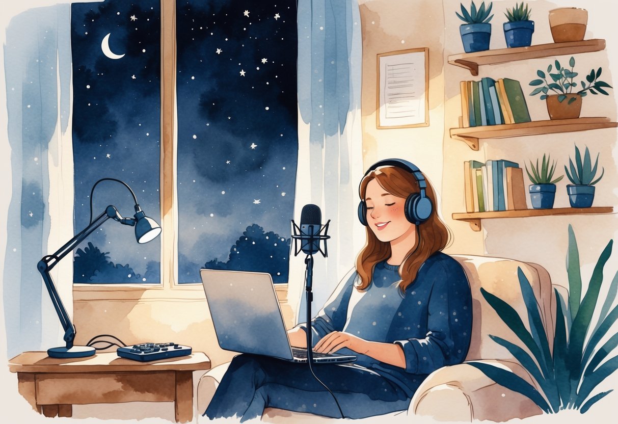 A person wearing headphones speaks into a microphone in a cozy room at night with a window showing stars and a crescent moon.