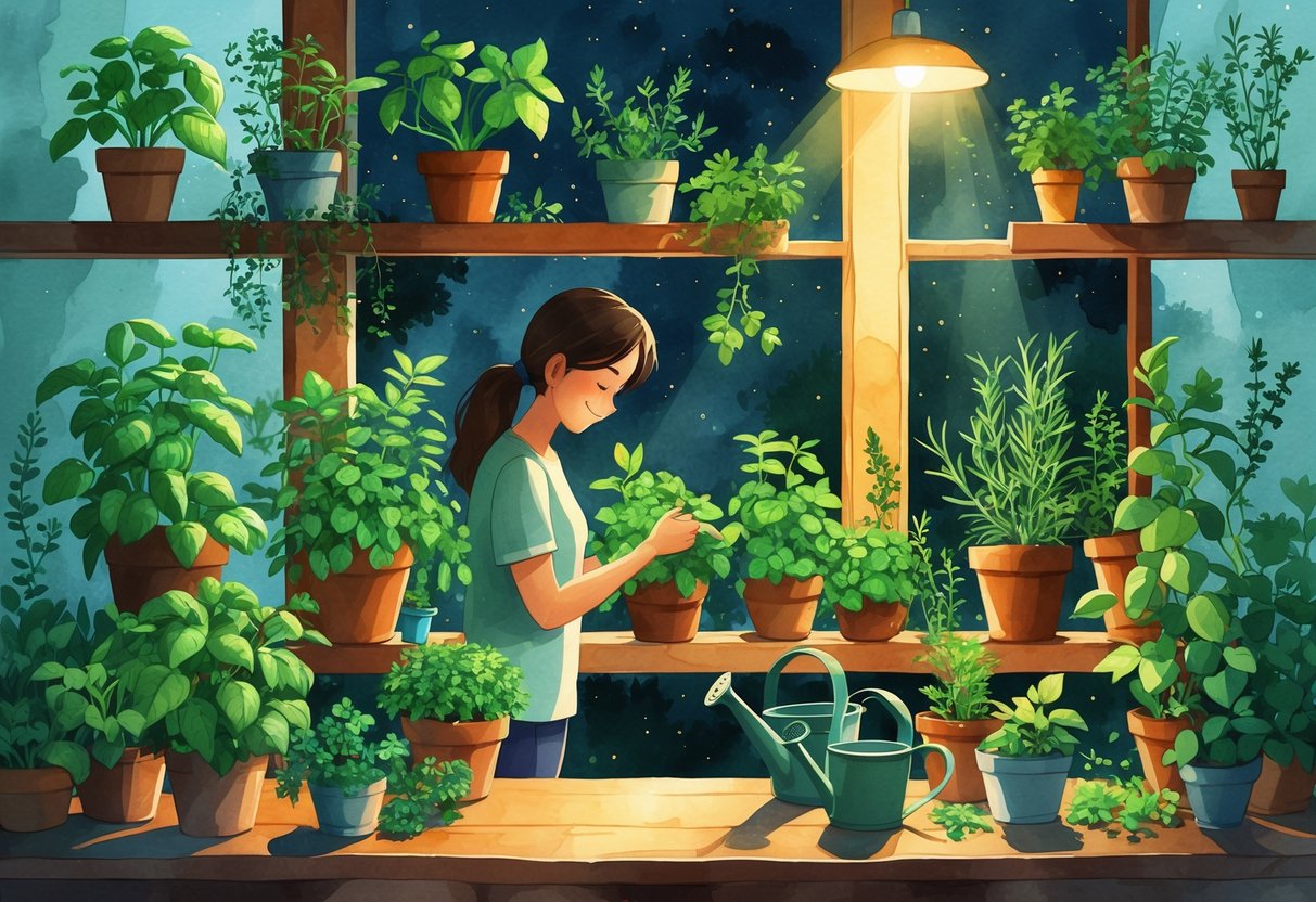 A person caring for various herb plants indoors at night, surrounded by pots and gardening tools in a cozy room.