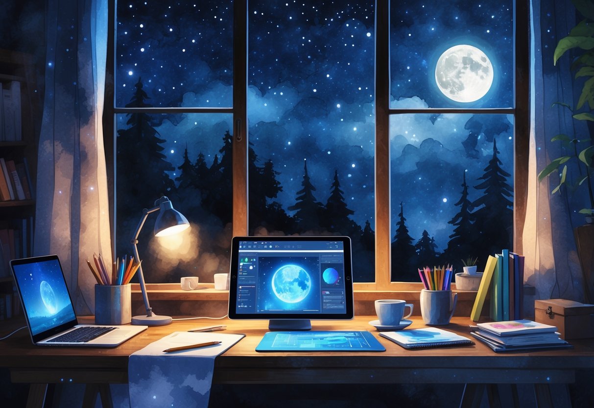 A person working on digital art at night in a cozy room with a glowing tablet, surrounded by art supplies and a window showing a starry sky.