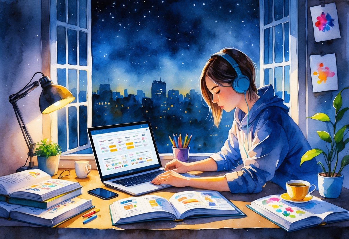 A person sitting at a desk by a window at night, studying language materials with books, flashcards, and a laptop, surrounded by items like headphones, a plant, a cup of tea, and a sketchbook.